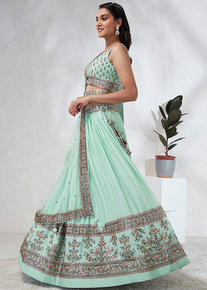 Mint Green Georgette Lehenga Choli Highlighted with Sequins & Thread Embroidery