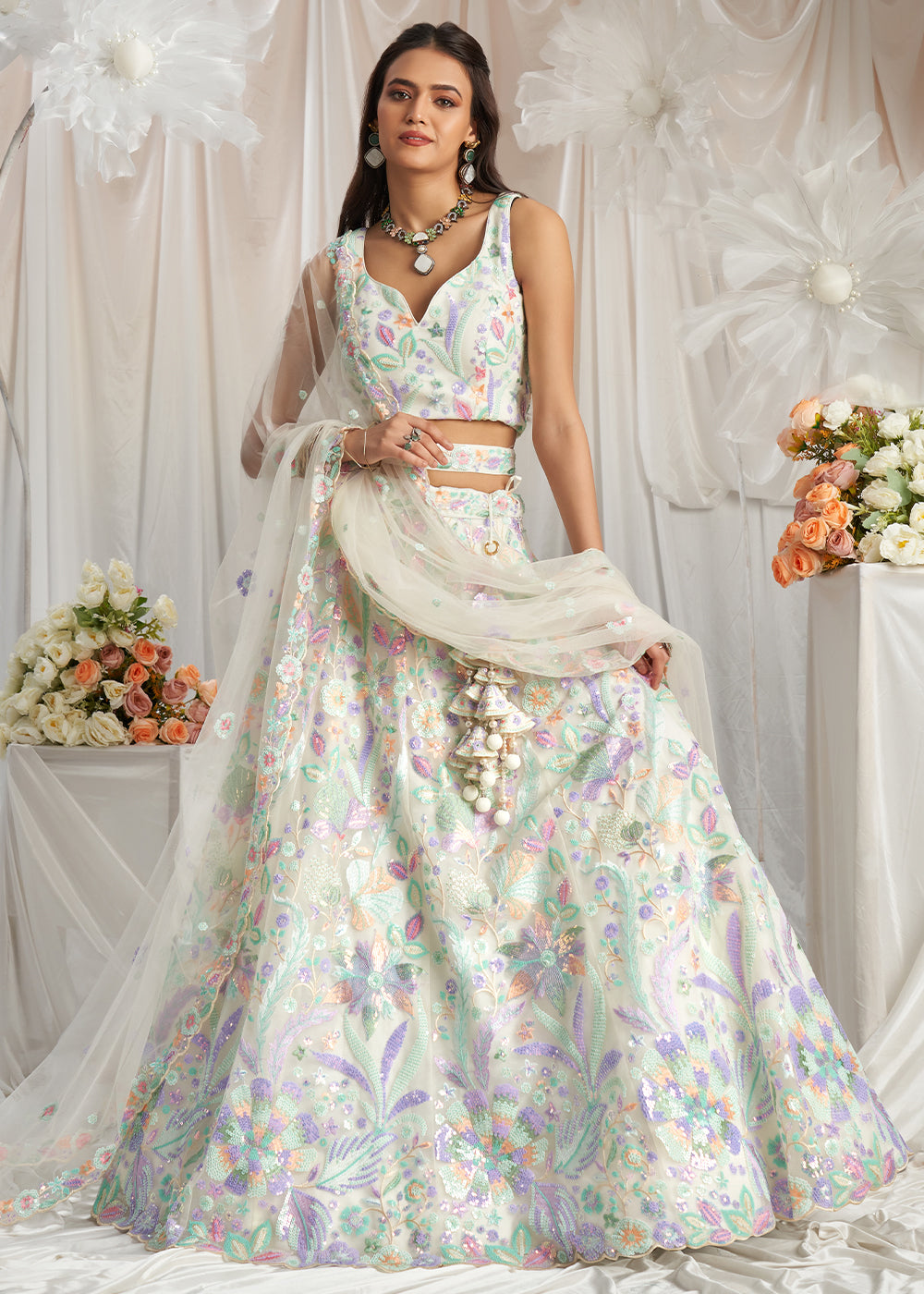 Pearl White Net Lehenga Choli Adorned with Sequins Embroidery Work