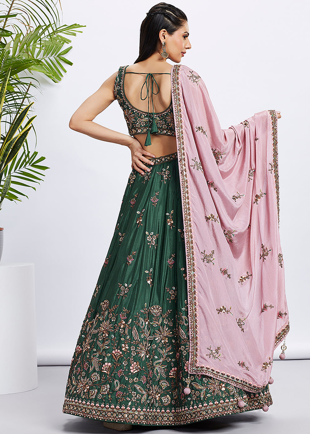 Dark Green Chiffon Lehenga Choli Adorned with Sequins & Thread Embroidery