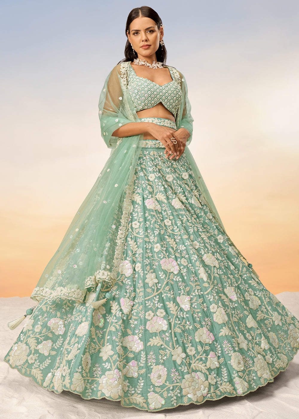 Pastel Green Georgette Lehenga Choli Highlighted with Sequins & Zarkan Embroidery