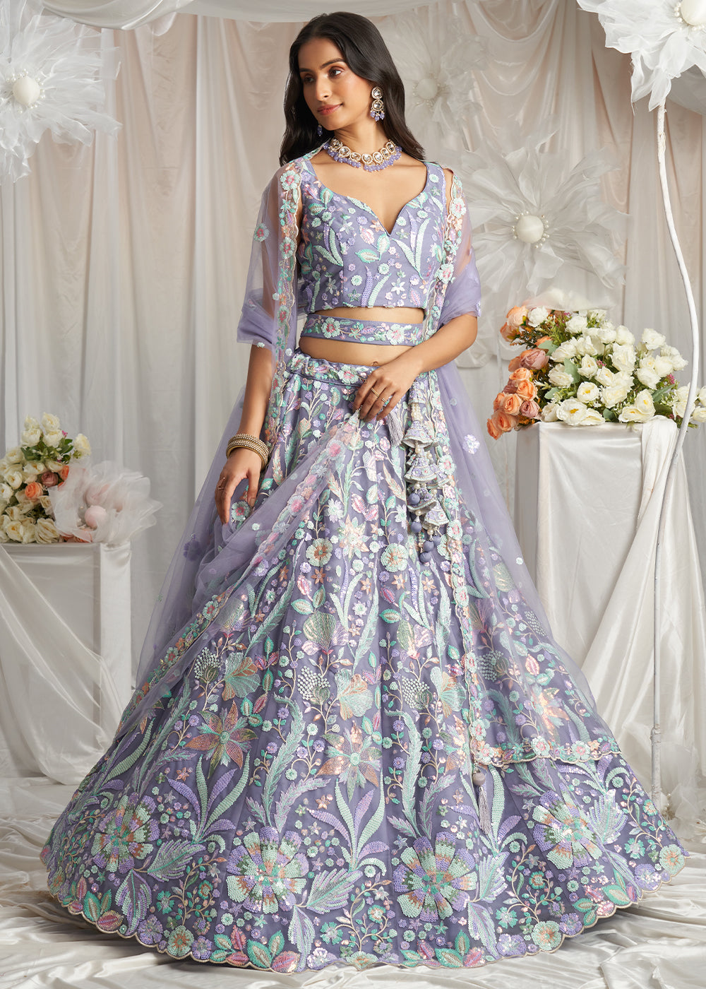 Lavender Purple Net Lehenga Choli Adorned with Sequins Embroidery Work