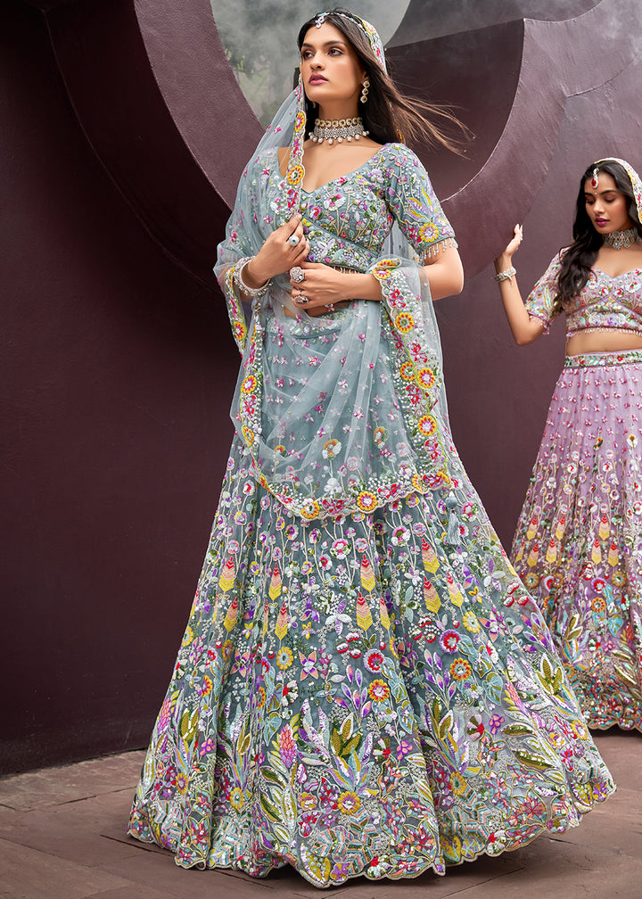 Carnation Blue Net Lehenga Choli Adorned with Cut-Dana & Handwork Embroidery: The Bride's Edit