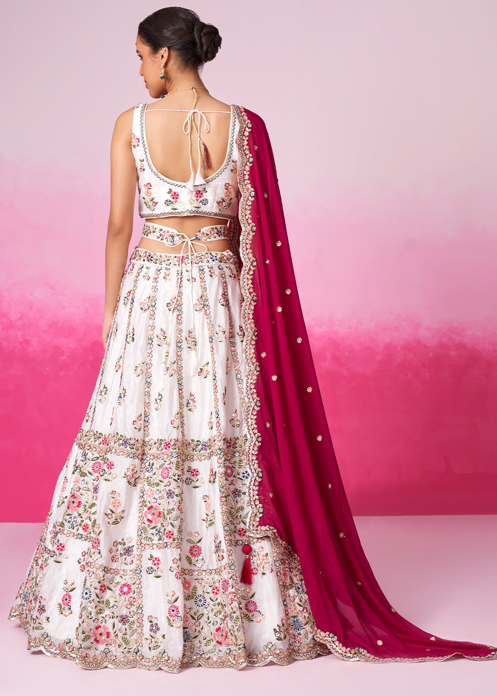 Pearl White Georgette Lehenga Choli Adorned with Moti & Sequins Embroidery Work