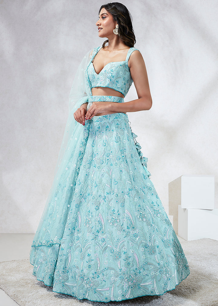 Shades Of Blue Georgette Lehenga Choli Highlighted with Sequins & Thread Embroidery