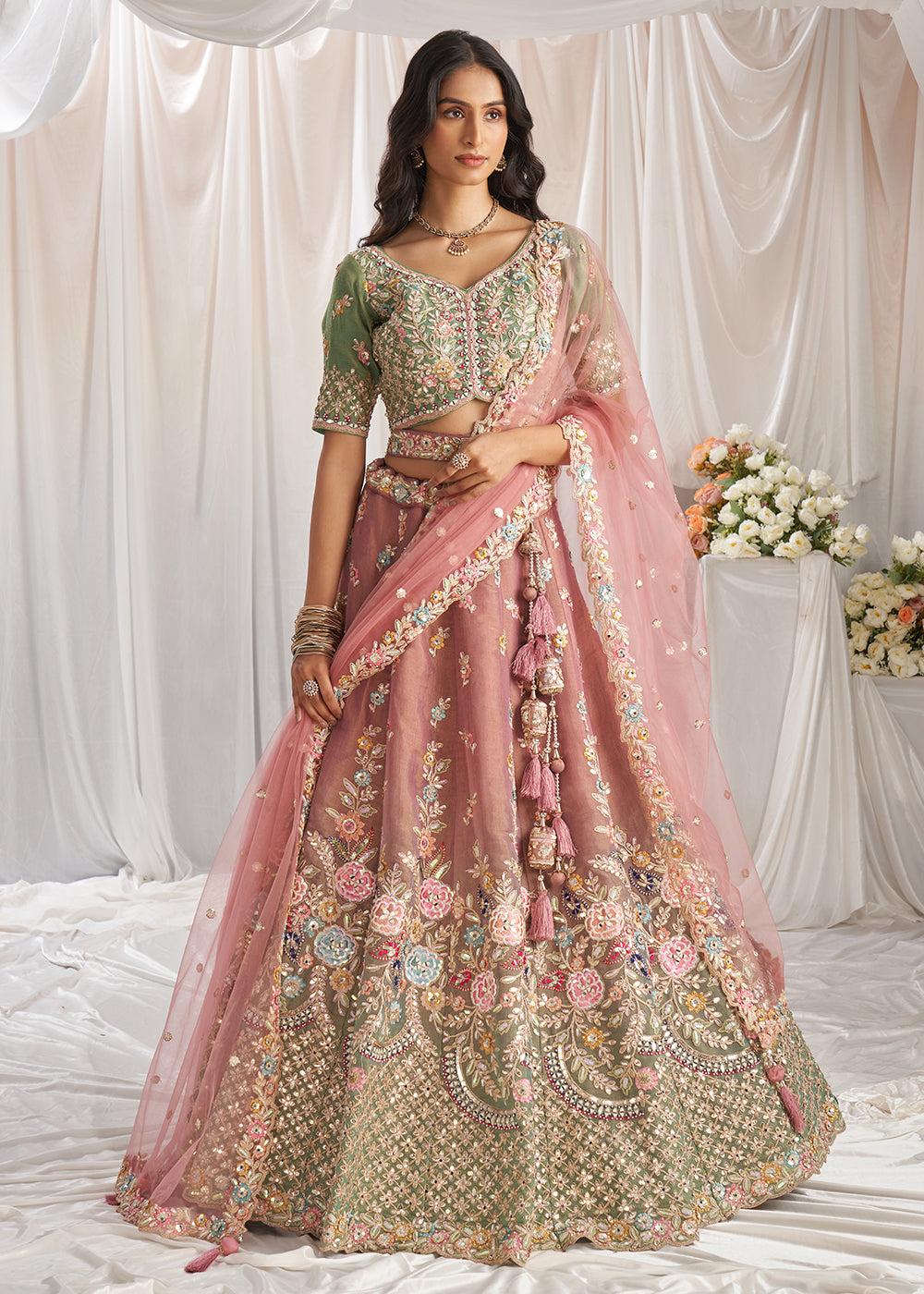 Blush Pink & Green Net Lehenga Choli Adnored with Pearl & Gotapatti Embroidery work: The Bride's Edit