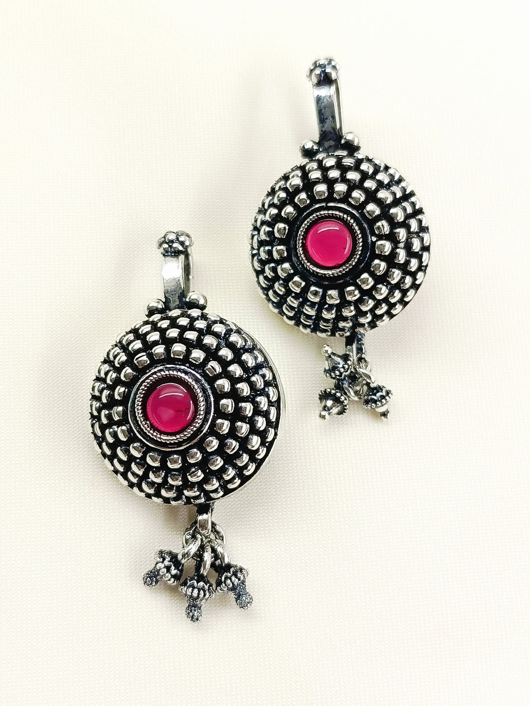 Nomad Oxidized Tribal Sunburst Ear Cuff with Ruby Pink Stone & Ghungroo