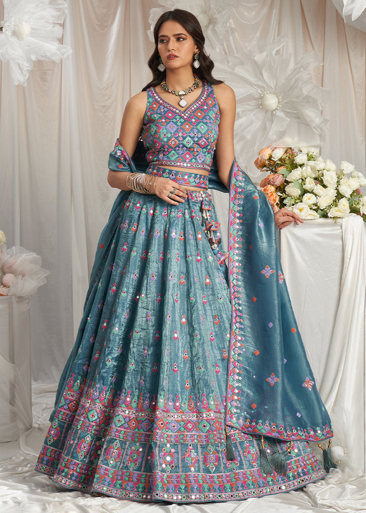 Teal Blue Organza Lehenga Choli Adorned with Sequins & Mirror Embroidery