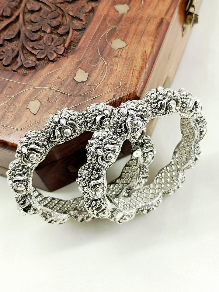 Alaya Silver Oxidized Floral Jaali Bangles