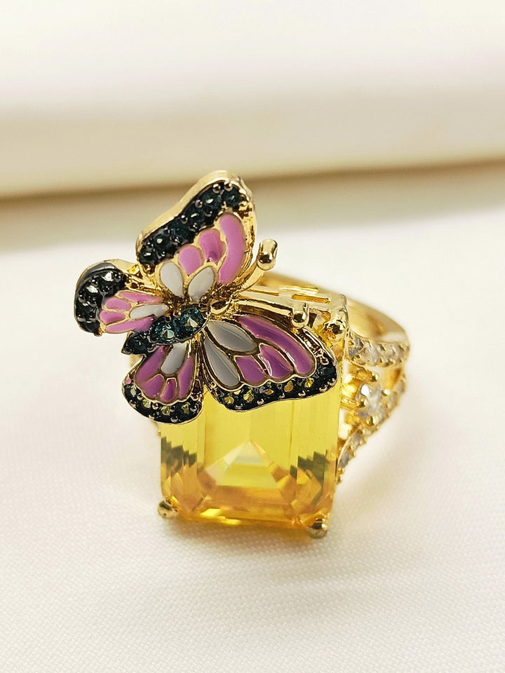 Gatha Pink Butterfly Yellow American Diamond Ring