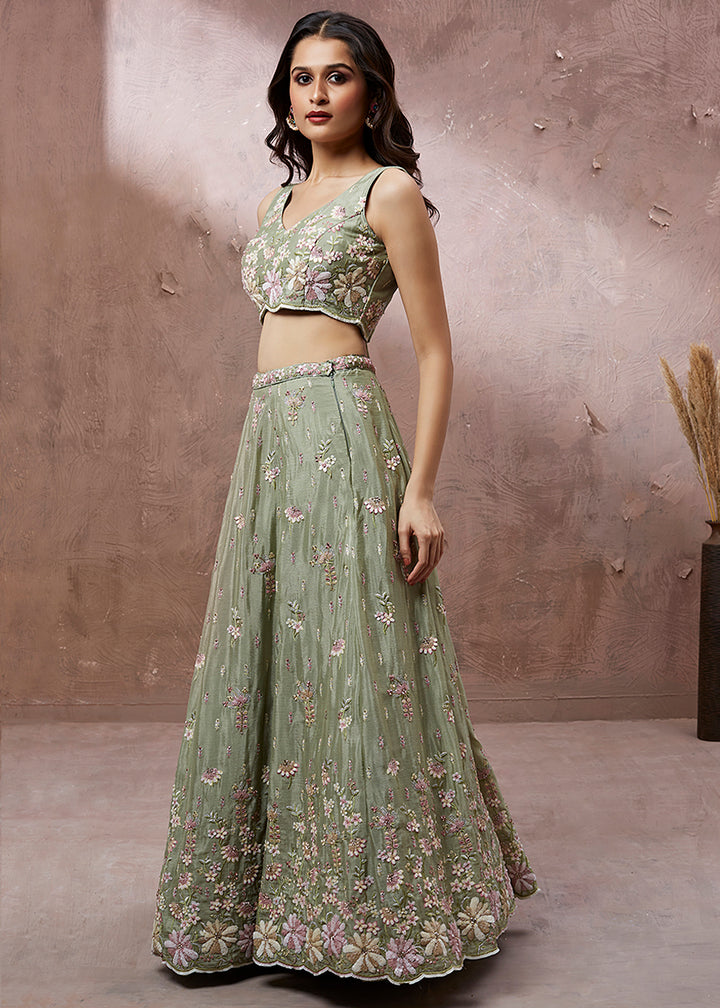 Lime Green Georgette Lehenga Choli Highlighted with Zarkan and Sequins Work