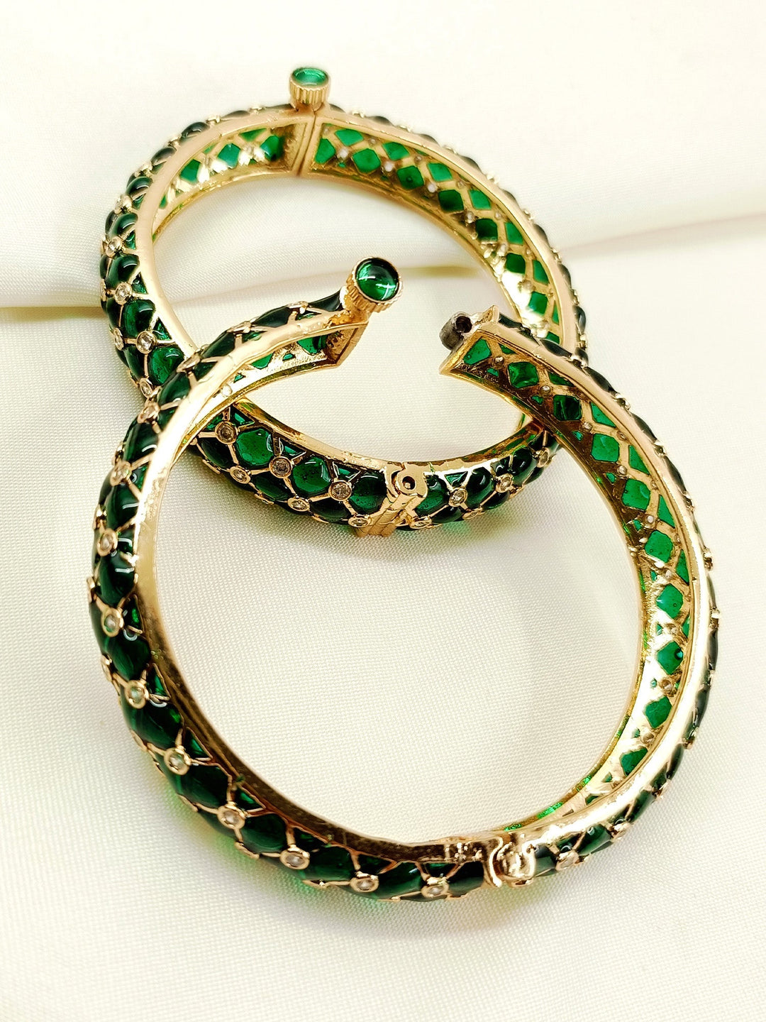 Sariah Green Kundan Bangles - Antique Gold Plating Size 2.4
