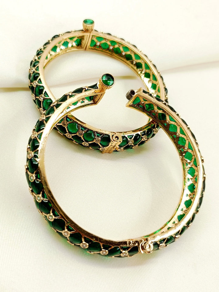 Sariah Green Kundan Bangles - Antique Gold Plating Size 2.4