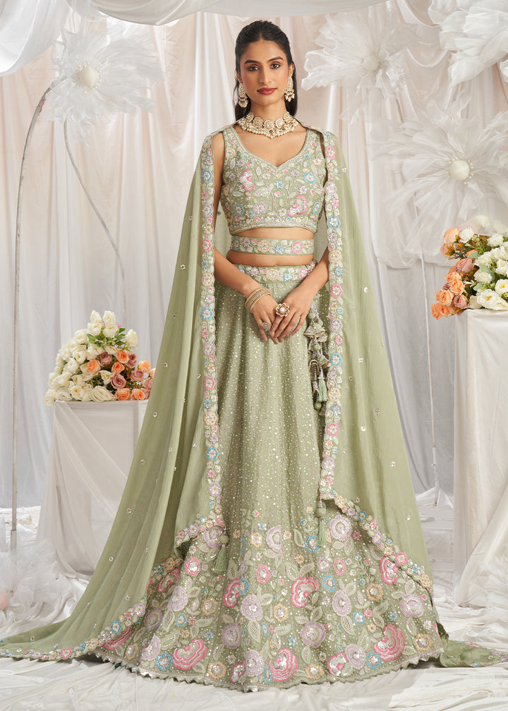 Lime Green Chiffon Lehenga Choli Adorned with Sequins & Thread Embroidery