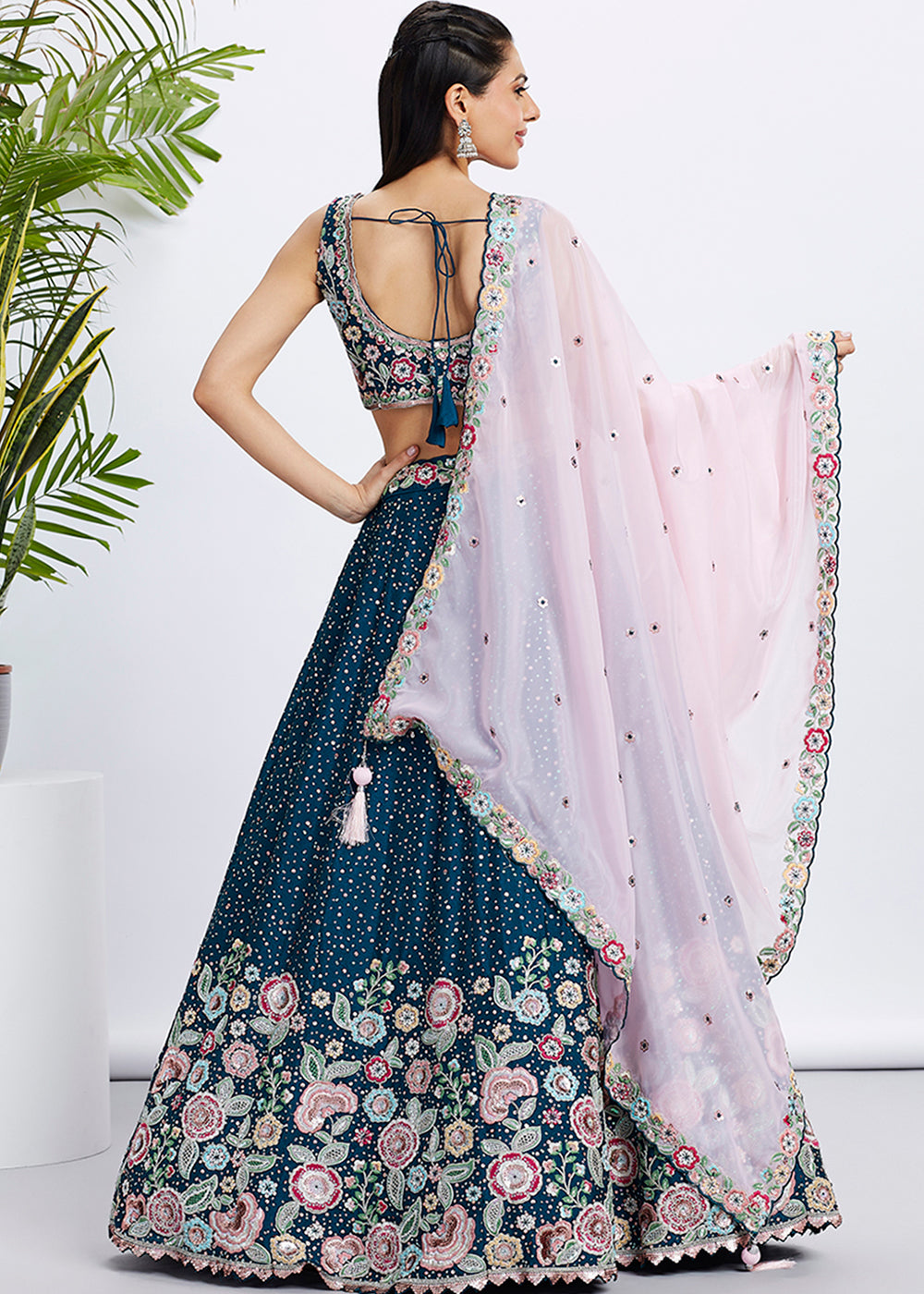 Prussian Blue Chiffon Lehenga Choli Adorned with Sequins & Thread Embroidery