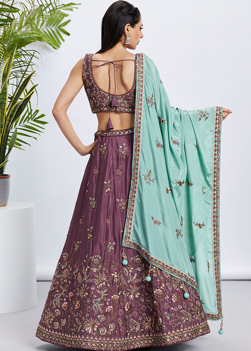 Damson Purple Chiffon Lehenga Choli Adorned with Sequins & Thread Embroidery