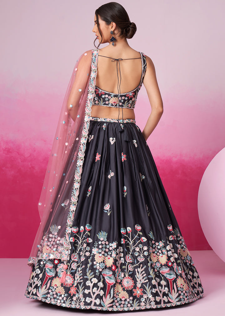 Jet Grey Satin Silk Lehenga Choli Adorned with Sequins Embroidery