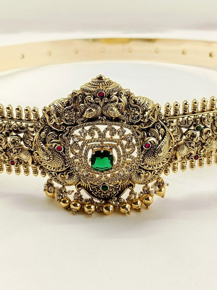 Shubhangi Green Antique Gold Waist Belt / Kamarbandh