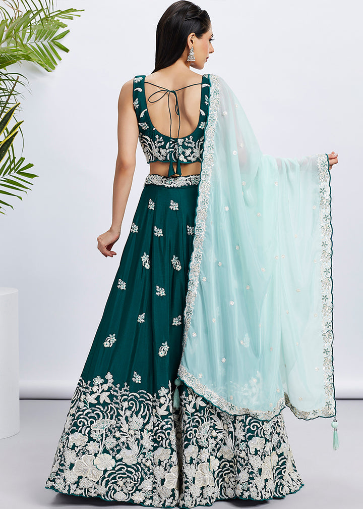 Peacock Blue Green Georgette Lehenga Choli Adorned with Sequins & Thread Embroidery