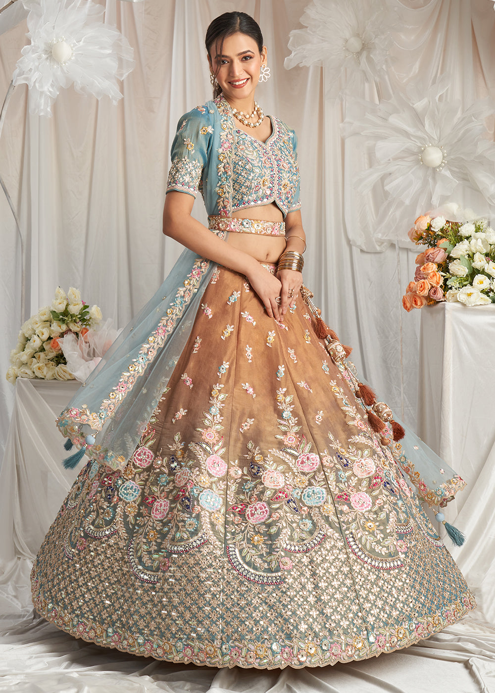 Mustard Yellow & Blue Net Lehenga Choli Adnored with Pearl & Gotapatti Embroidery work: The Bride's Edit