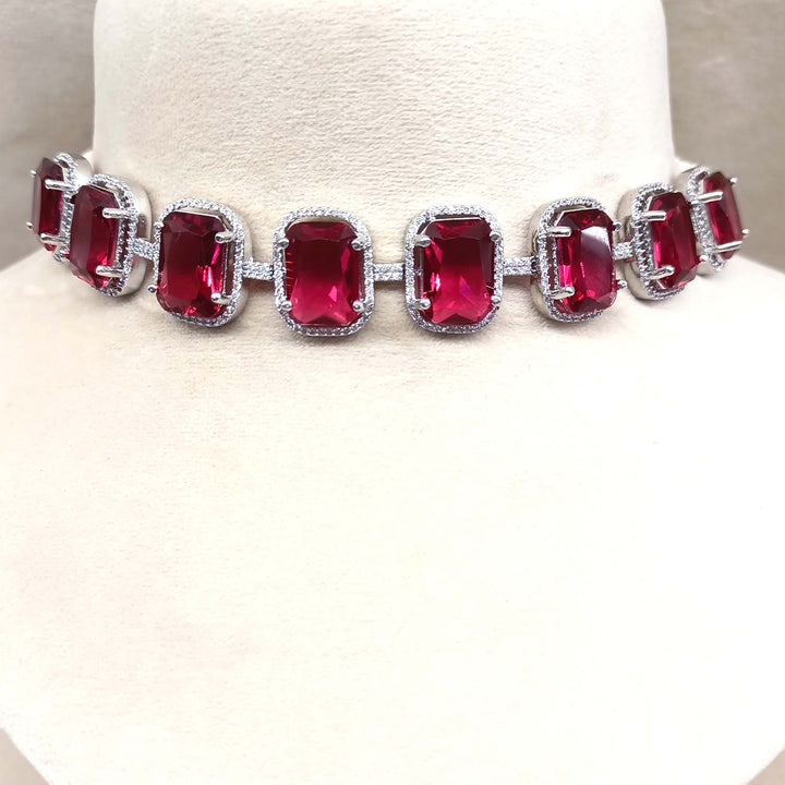 Saaleha Ruby Diamond Stone Silver Plated Choker Set