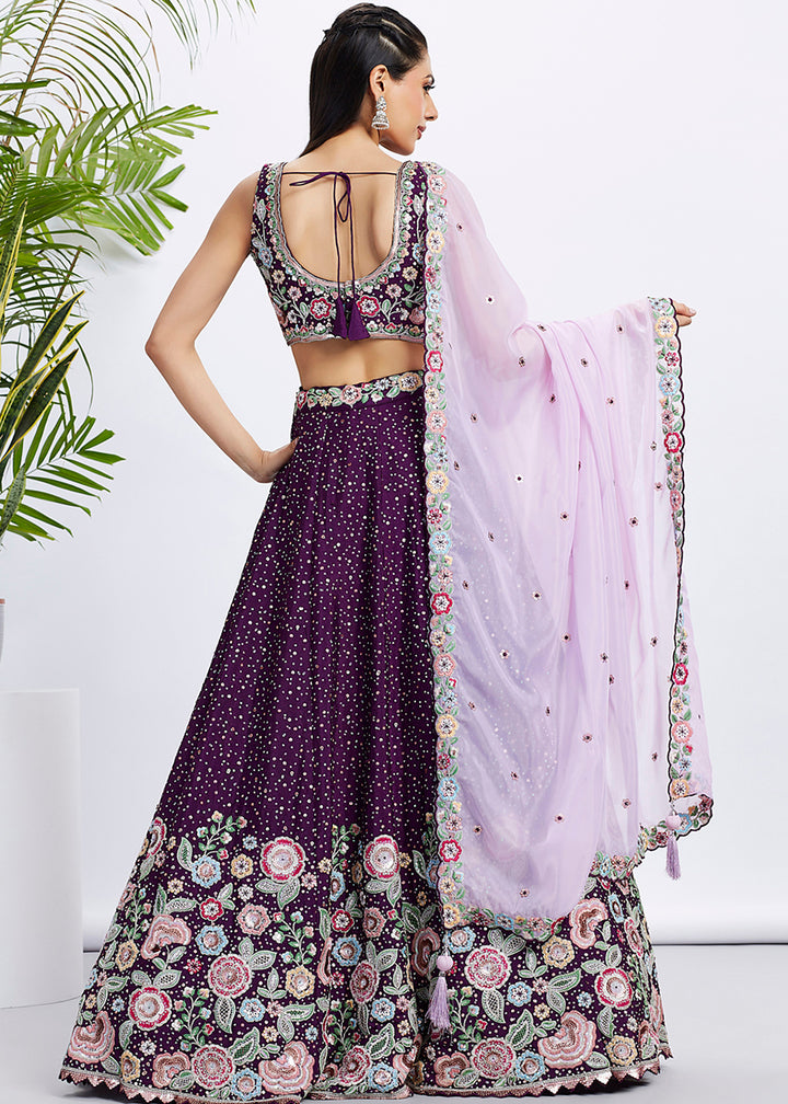 Byzantine Purple Chiffon Lehenga Choli Adorned with Sequins & Thread Embroidery