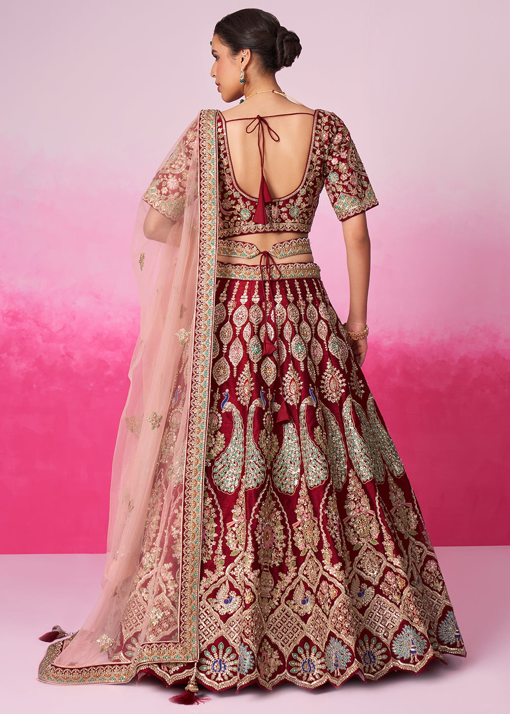 Maroon Red Silk Lehenga Choli Adorned with Moti & Sequins Embroidery Work: Bridal Collection