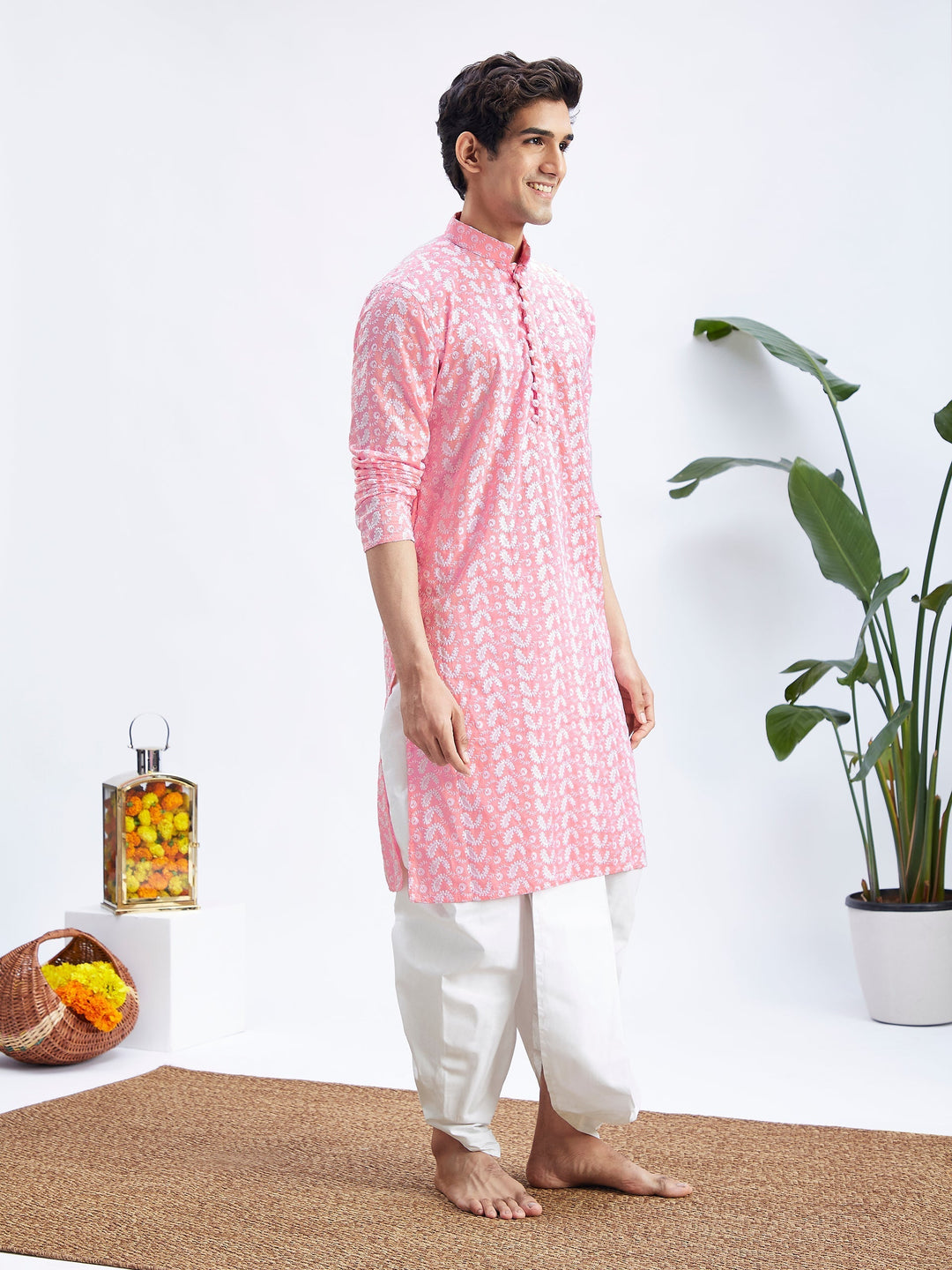 Sarvati Men's Pink Pure Cotton Chikankari Kurta With Dhoti set