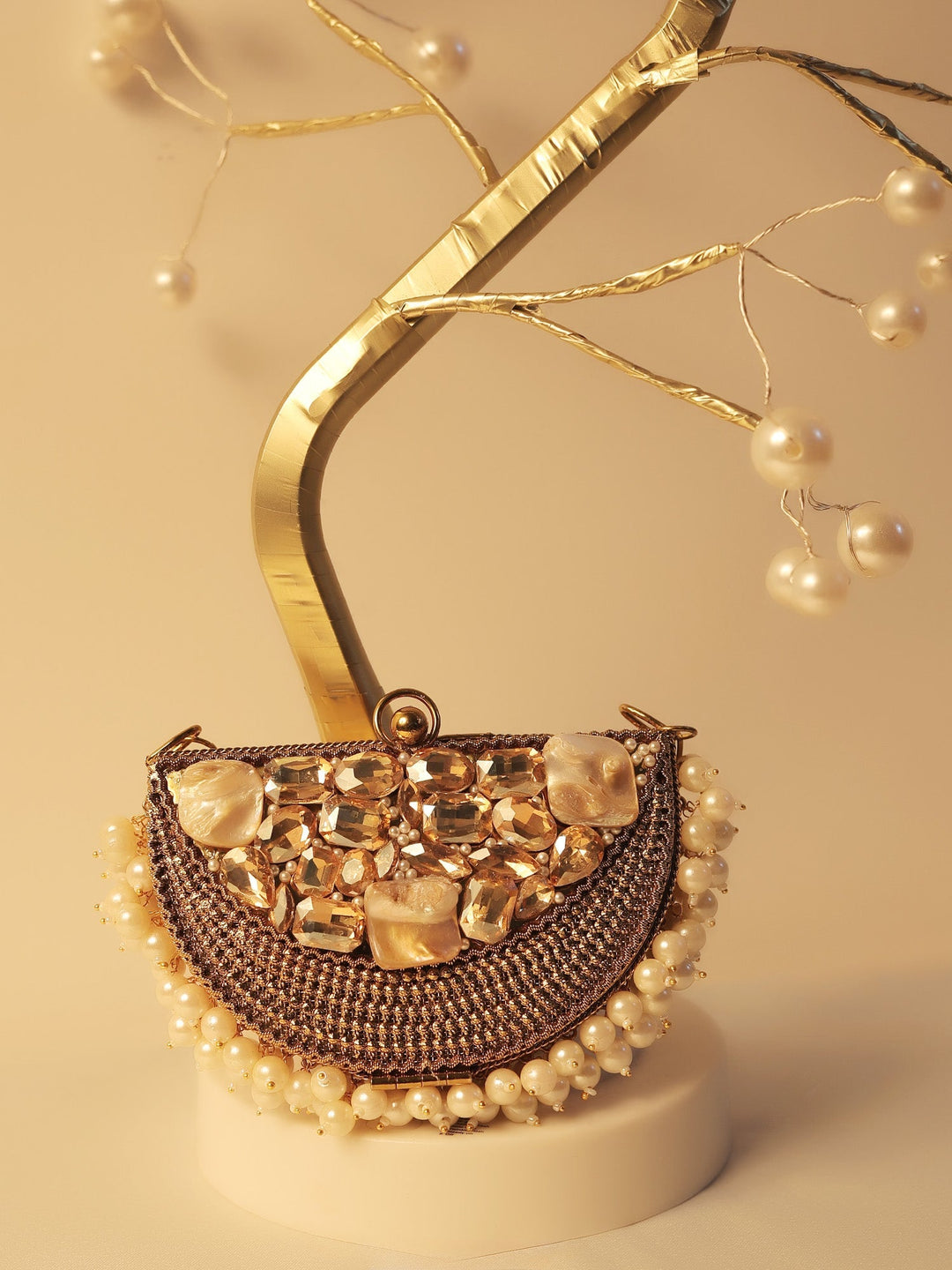 Abeela Golden Mini Metal Clutch - Pearl &amp; Stone Embellished