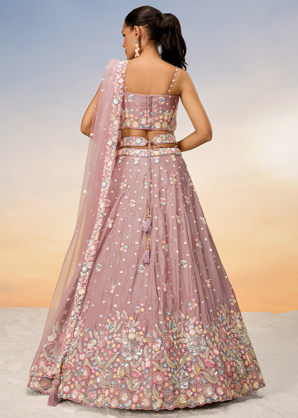 Rose Gold Pink Chiffon Lehenga Choli Adorned with Sequins & Thread Embroidery