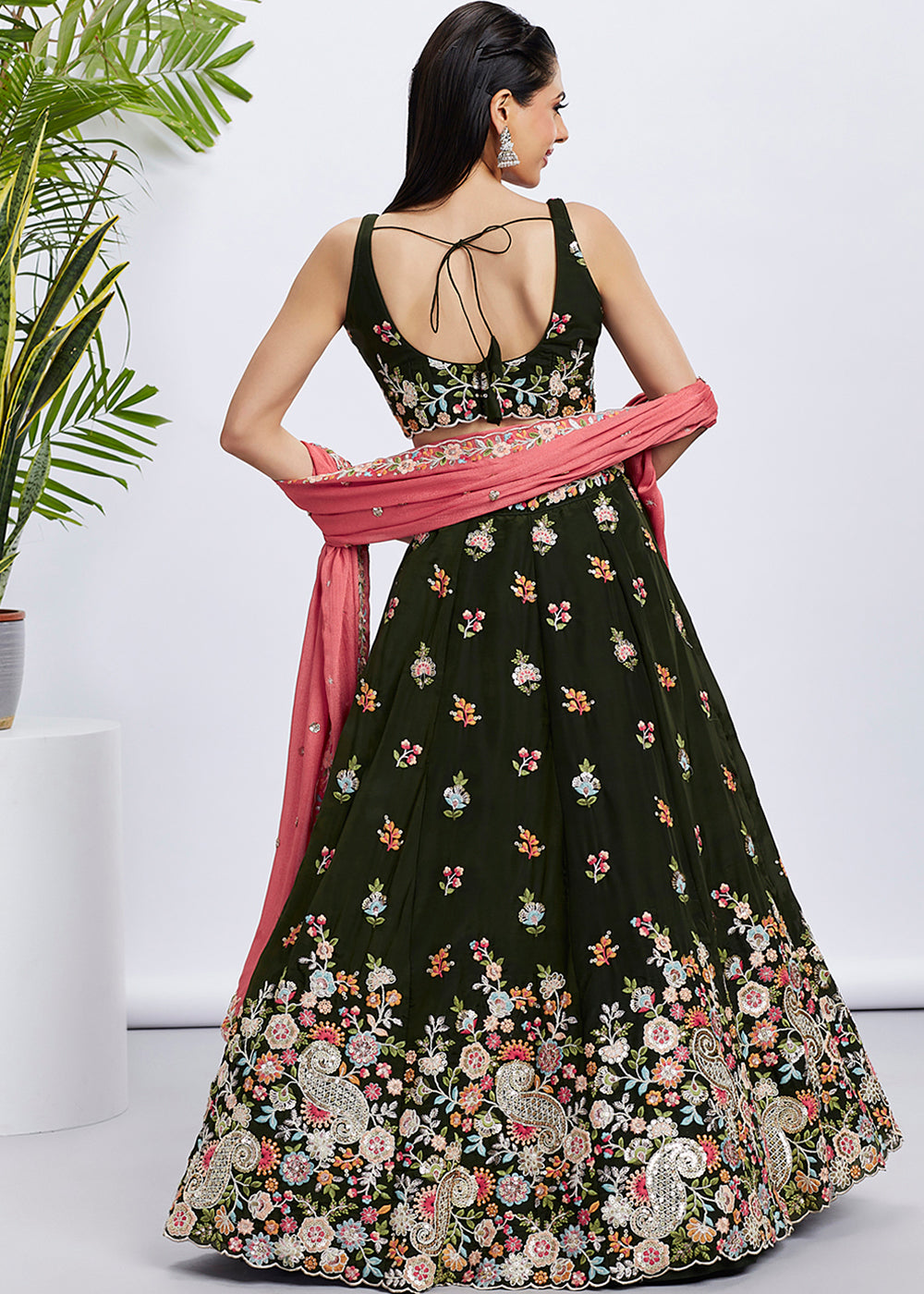 Dark Olive Green Georgette Lehenga Choli Adorned with Sequins & Thread Embroidery