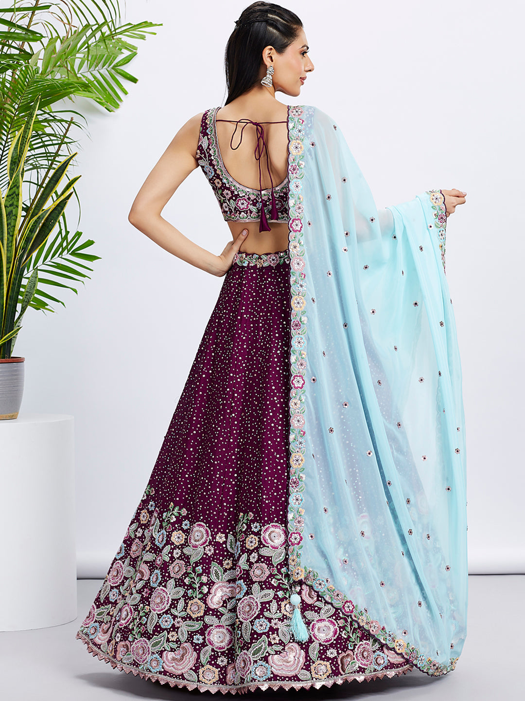 Jam Purple Chiffon Lehenga Choli Adorned with Sequins & Thread Embroidery