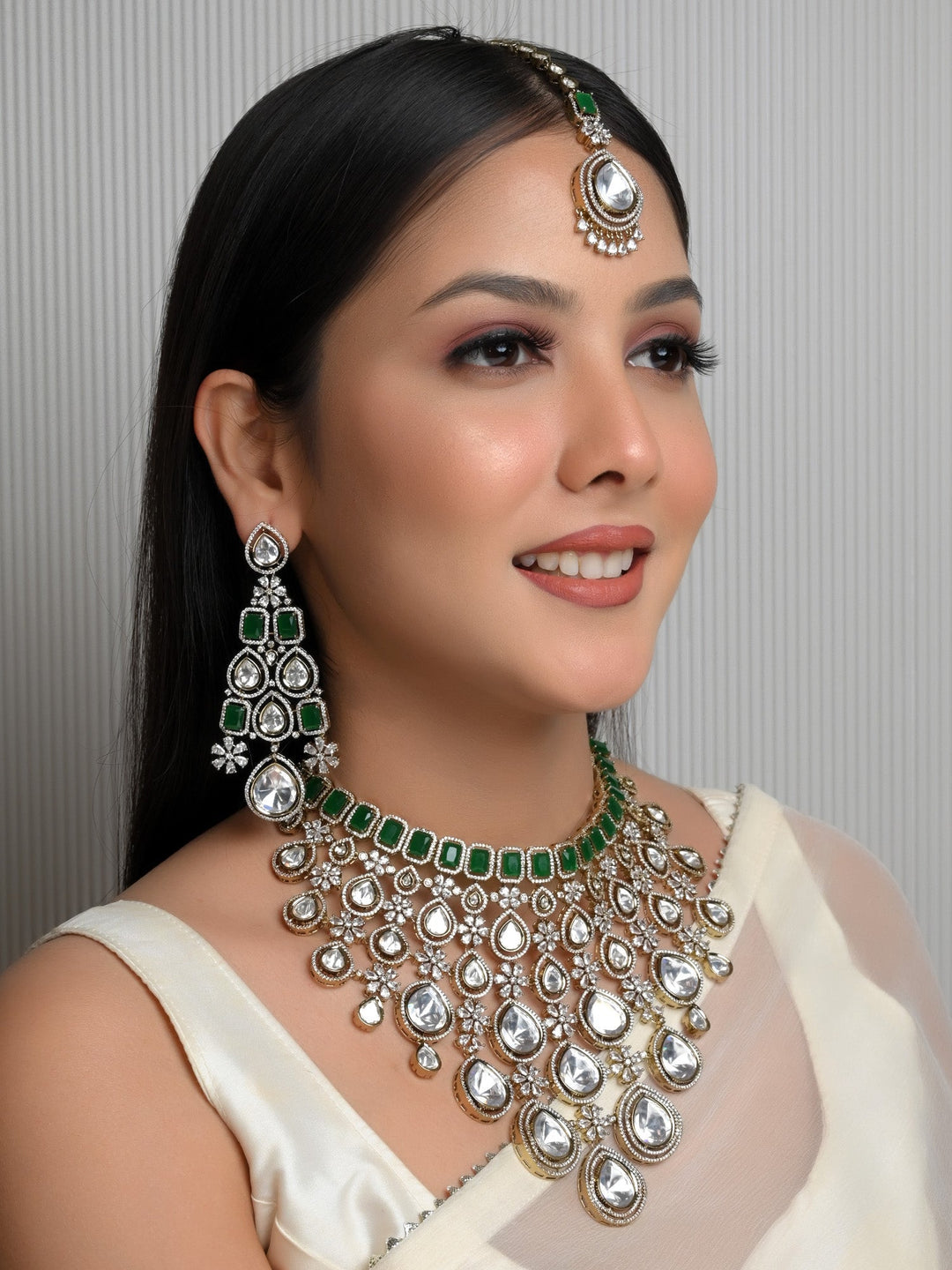 Vishaka Green Diamond Polki Necklace Set