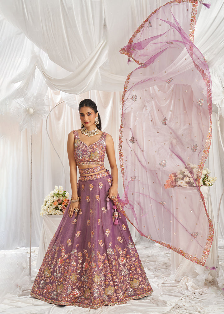 Lilac Purple Organza Lehenga Choli Adorned with Sequins Embroidery Work