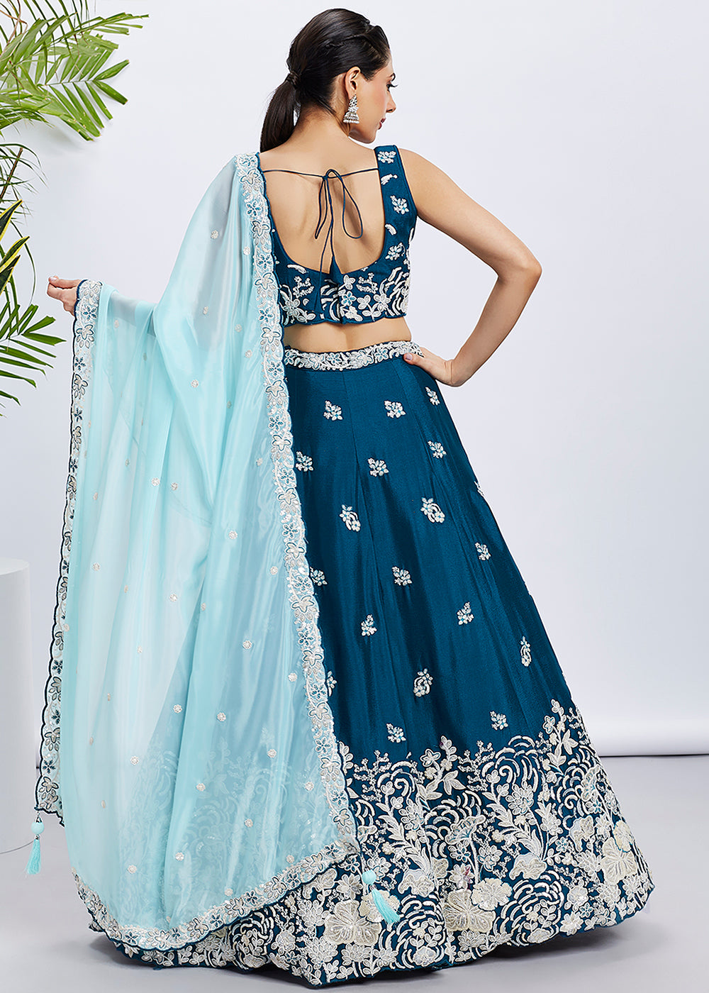 Teal Blue Georgette Lehenga Choli Adorned with Sequins & Thread Embroidery