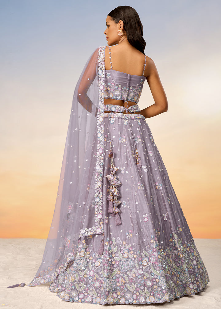 Periwinkle Purple Chiffon Lehenga Choli Adorned with Sequins & Thread Embroidery