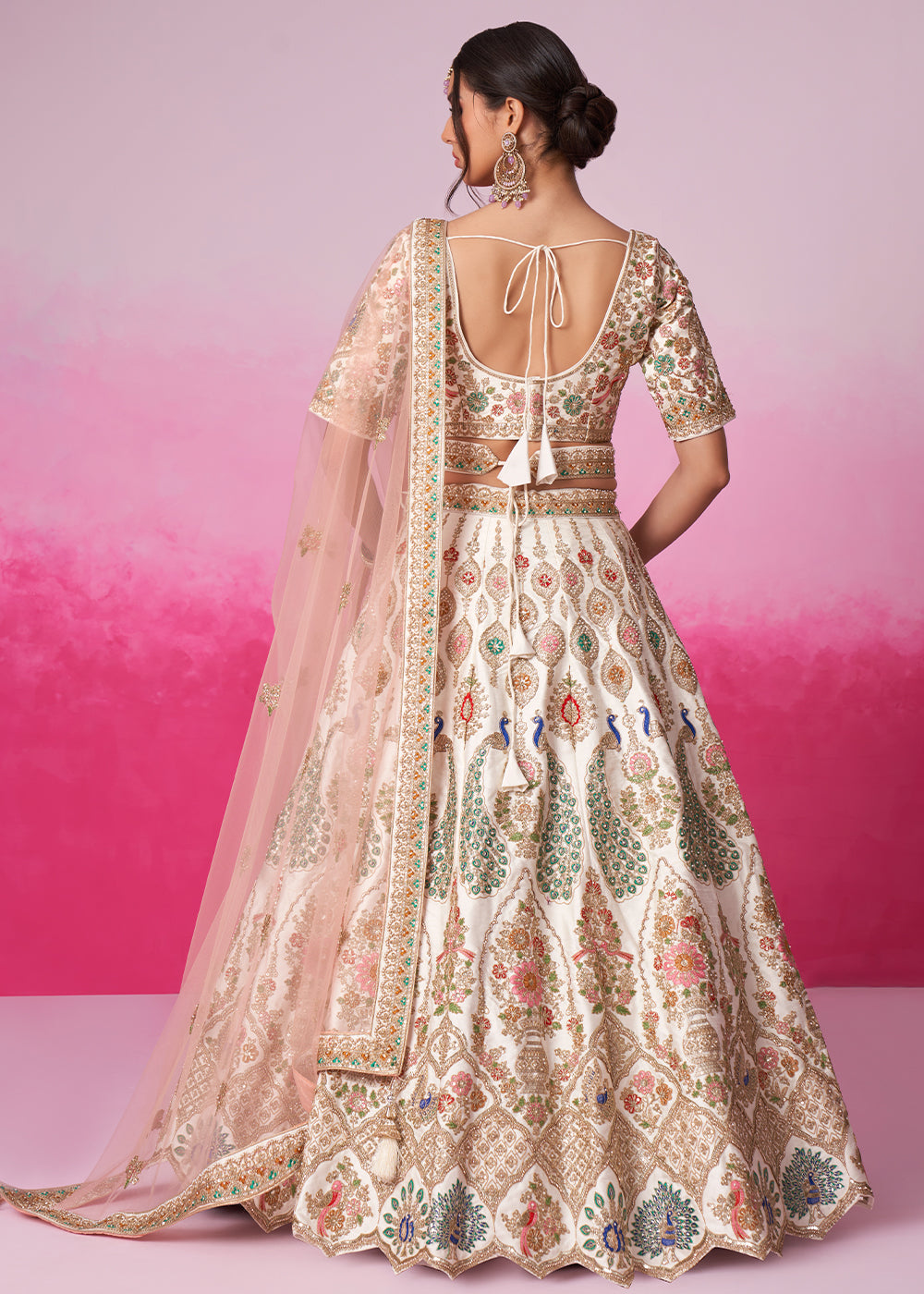 Cream White Silk Lehenga Choli Adorned with Moti & Sequins Embroidery Work: Bridal Collection