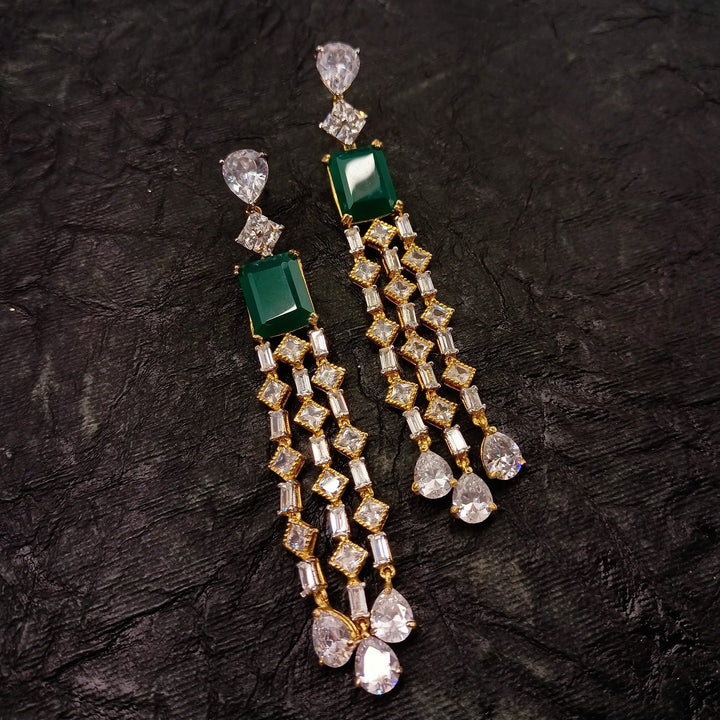 Priyal Green Stoned American Diamond Gold Plated Earrings