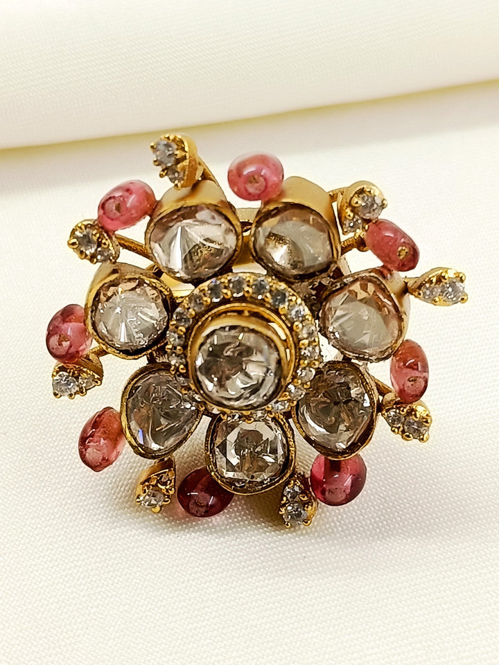 Abhikhya Pink Kundan Finger Ring - Adjustable Antique Gold