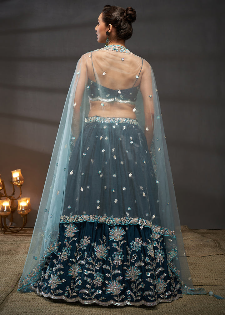 Prussian Blue Chiffon Lehenga Choli Adorned with Sequins Embroidery