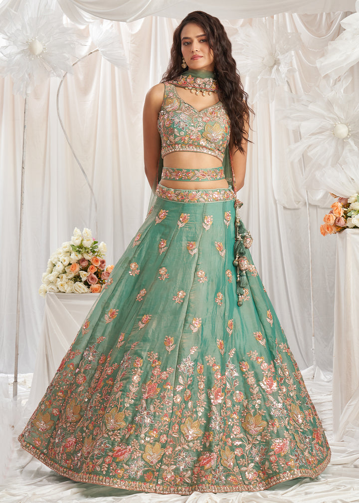 Apple Green organza Lehenga Choli Adorned with Sequins Embroidery Work