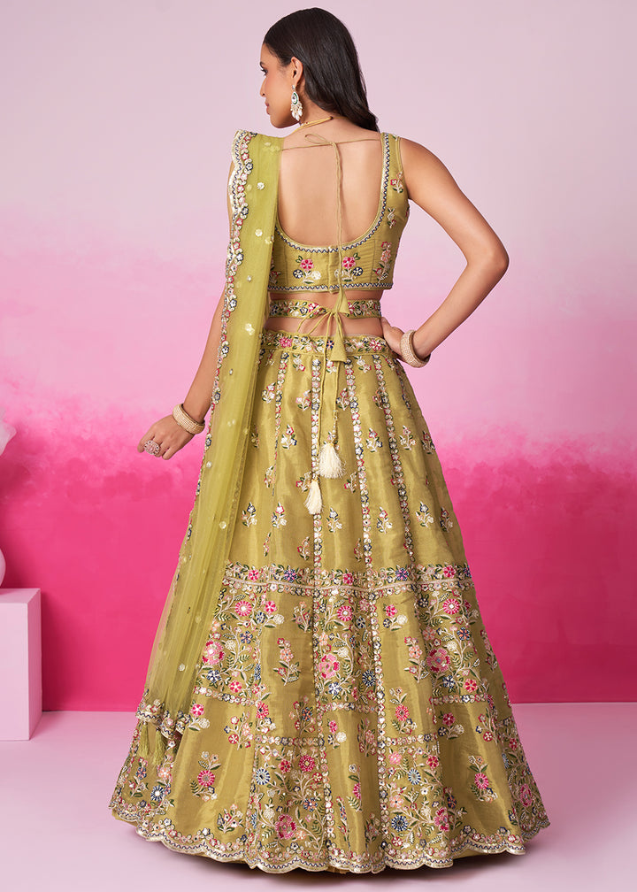 Mustard Green Net Lehenga Choli Adorned with Moti & Sequins Embroidery Work