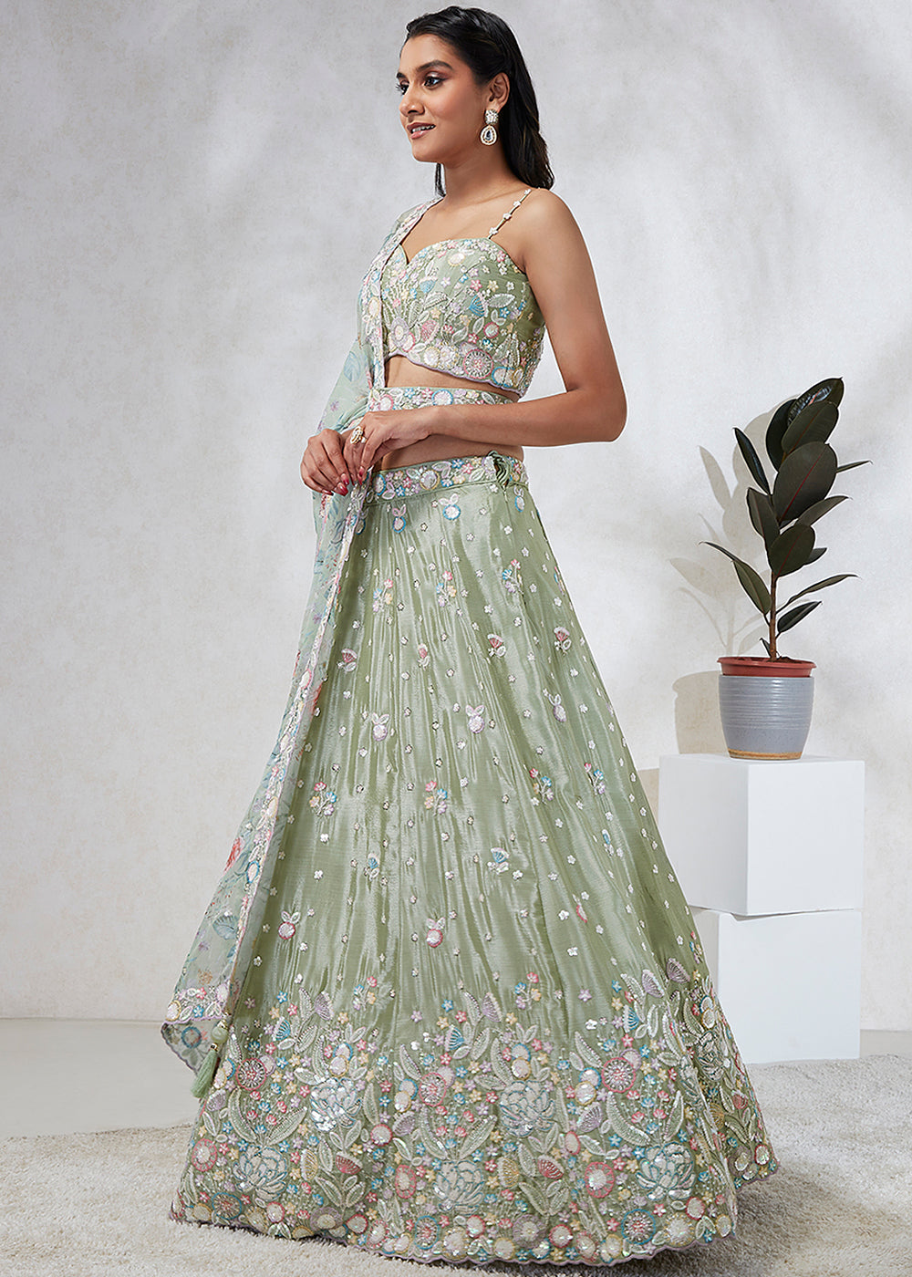 Sage Green Silk Chiffon Lehenga Choli Adorned with Sequins & Thread Embroidery