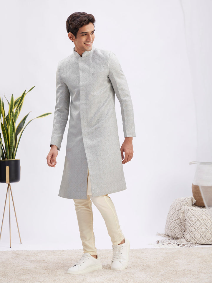 Sarvati Men's Grey Jaccard Sherwani With Cream Kurta Pant Set