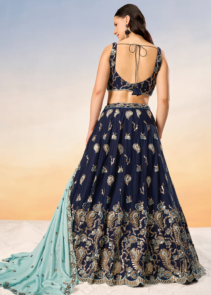 Denim Blue Georgette Lehenga Choli Adorned with Sequins Embroidery