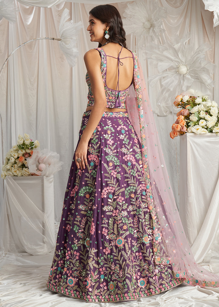 Pomegranate Purple Georgette Lehenga Choli Adorned with Sequins Embroidery