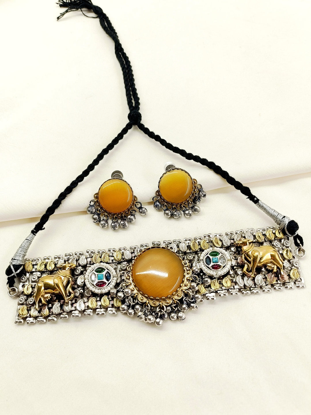 Richa Multi Colour Oxidized Choker Set - Gold-Plated Accents