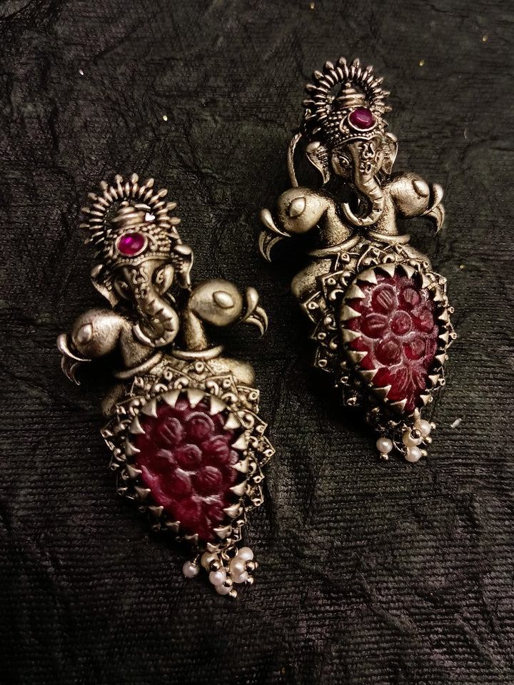 Jessie Ganesha Earrings With Maroon Carved Stone