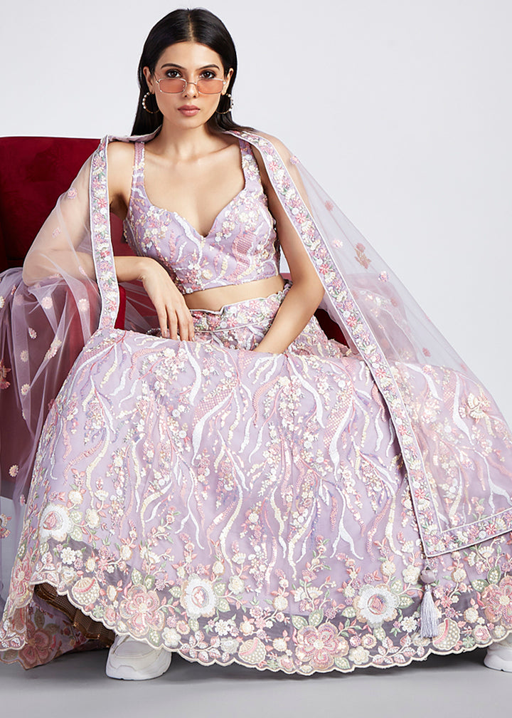 Lilac Purple Net Lehenga Choli Highlighted with Sequins & Thread Embroidery