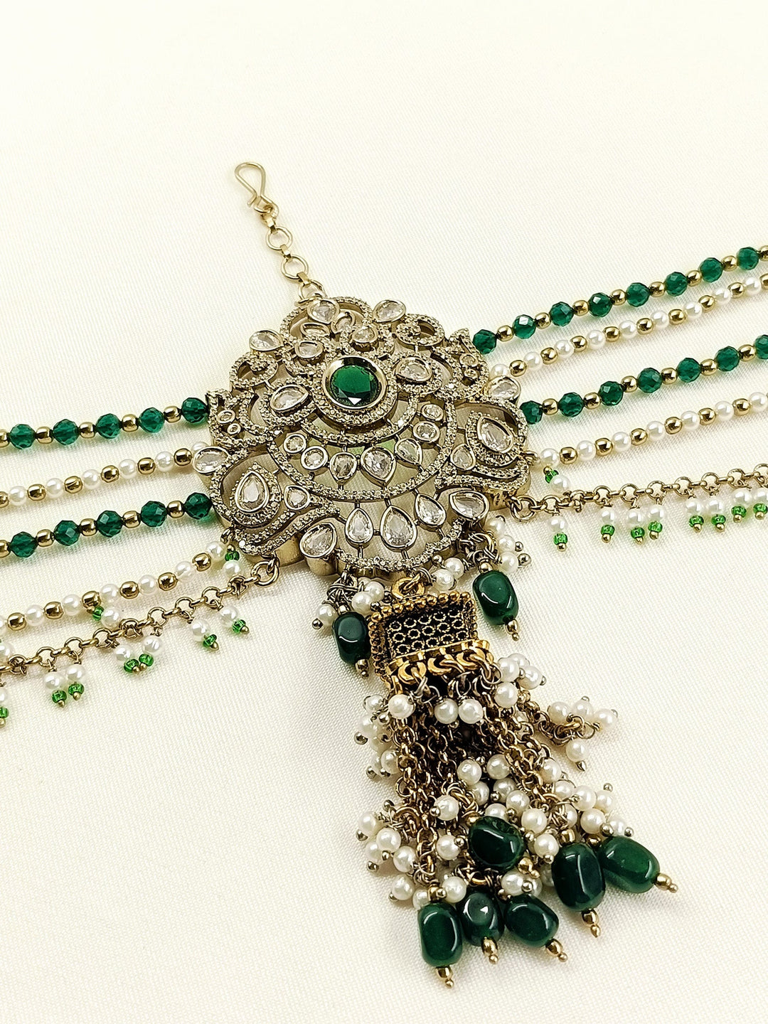 Chanchal Green Hair Brooch - Antique Gold Plating Wedding