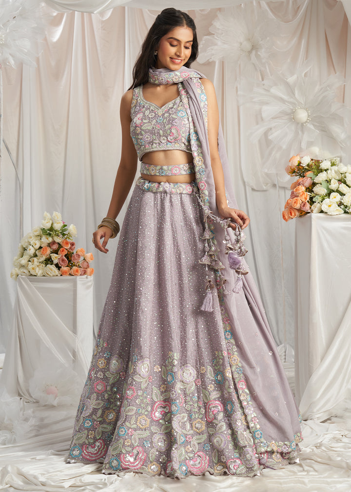 Periwinkle Purple Chiffon Lehenga Choli Adorned with Sequins & Thread Embroidery